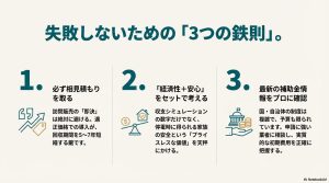 相見積もり、目的の明確化、最新補助金の確認という、検討を失敗させないための具体的な3つの手順をまとめた図解