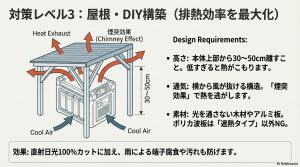 蓄電池の上に屋根を自作し、隙間から熱を逃がす煙突効果(Chimney Effect)の解説図