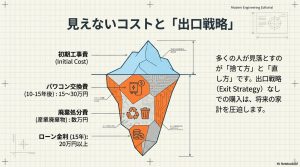 表面上の工事費だけでなく、パワコン交換費、廃棄処分費、ローン金利などの見えないコストを氷山に例えたイラスト。