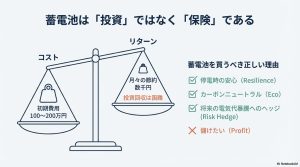蓄電池導入のコストとリターンを天秤にかけた図解。停電時の安心がメリット。