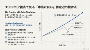 機器の劣化やメンテナンス費用など、蓄電池の収支シミュレーションで見落としがちな重要チェック項目を解説したスライド。