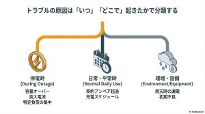 蓄電池のトラブル原因を、停電時(容量オーバー)、日常時(契約アンペア超過)、環境・設備(漏電・初期不良)の3つに分類したフローチャート。