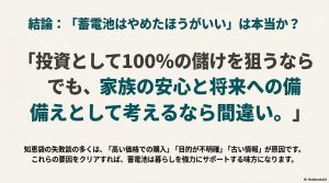 投資効率と安心・安全を天秤にかけ、どのような人にとって蓄電池が「買い」なのかを整理した結論スライド