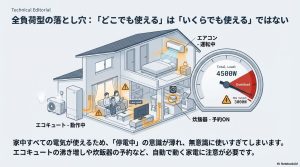 全負荷型の家でエアコン、エコキュート、炊飯器などが同時に稼働し、蓄電池の最大出力(3000W)を超えてオーバーロードになる様子を示した図。