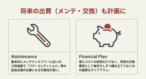 来の出費（メンテナンス・交換）を計画的に行うためのポイント。パワーコンディショナの部品交換や積立の重要性