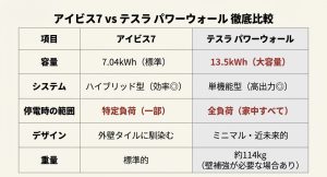 アイビス7とテスラ パワーウォールの徹底比較表。容量、システム、停電時の範囲、デザイン、重量を比較