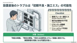 専用ブレーカーの選定ミス、端子台の締め付け不足、CTセンサーの逆向き設置など、施工段階で発生しうる初期不良のパターンを図解。
