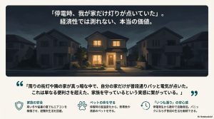 災害や停電時に自宅だけ電気が使えることで得られる、家族の安全性と精神的なゆとりを表現したイラスト付きの図解。