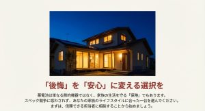 「後悔」を「安心」に変える選択を。蓄電池は家族の生活を守る保険であるというメッセージと夜の家のビジュアル