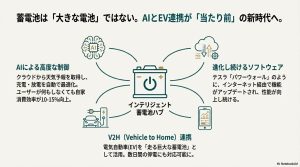 天気予報と連動して翌日の発電量を予測し、深夜電力の充電量を自動調整するAI搭載蓄電池のインテリジェントな仕組みを示す図解。
