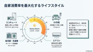 エコキュートやEV充電、家電の昼間稼働など、太陽光の自家消費率を最大化するためのライフスタイル図解。
