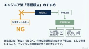 売電収入を生活費に回さず、将来のパワコン交換や屋根補修のために専用口座で管理するエンジニア流の修繕積立フロー。