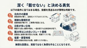 北向き屋根や複雑な形状、日影、古いスレート屋根など太陽光発電の設置が推奨されない条件のまとめ。
