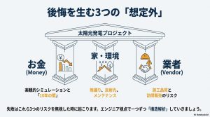 太陽光発電プロジェクトで後悔を生むお金、家・環境、業者の3つのリスクを構造解析した図解