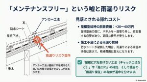 太陽光パネルのアンカー工法による雨漏りリスク箇所と、将来発生する脱着費用の解説図。