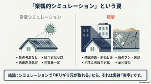 太陽光発電の理想的な営業シミュレーションと、影や汚れ、金利など現実の発電量低下要因の比較図。