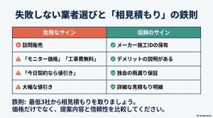 訪問販売や大幅な値引きといった危険なサインと、施工IDや詳細な見積もりなど信頼のサインを比較した業者選びの鉄則。