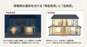 停電時の運命を分ける特定負荷型と全負荷型の比較イラスト。家全体の電気がつく全負荷と一部のみの特定負荷を視覚化