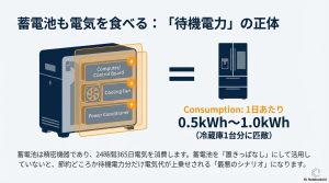 蓄電池も電気を食べる:1日あたり0.5〜1.0kWh(冷蔵庫1台分)を消費する待機電力の解説