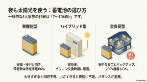 単機能型、ハイブリッド型、全負荷型の3種類の蓄電池の仕組みとメリット、一般的な4人家族の目安容量(7〜10kWh)の解説。