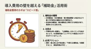 導入費用の壁を越える補助金活用術。DR補助金の詳細や、スピード感が重要であることを示すスライド