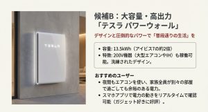 テスラ パワーウォールの外観と、容量13.5kWh、200V機器稼働可能などの特徴を解説したスライド