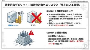 JEM規格非対応による補助金ゼロのリスクと、重量による基礎工事・トランス設置費用の解説スライド