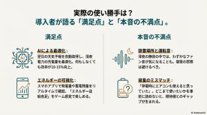 設置音や容量不足など、導入後に不満を感じやすいポイントとその失敗を防ぐための事前の検討事項をまとめた表。