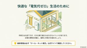 太陽光パネルと蓄電池を備えた住宅のイラストと公式サイト確認を促すエンディングスライド