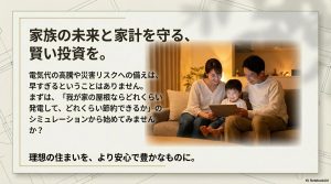 「家族の未来と家計を守る、賢い投資を。」というメッセージと共に、リビングでタブレットを見る幸せな家族のイメージ。