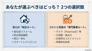 安心の「純正ルート（旭化成リフォーム）」とコスト・性能の「専門業者ルート」の比較図