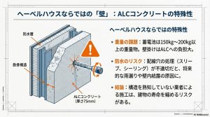 ヘーベルハウスならではの「壁」ALCコンクリートの特殊性と蓄電池設置における防水・重量リスクの図解