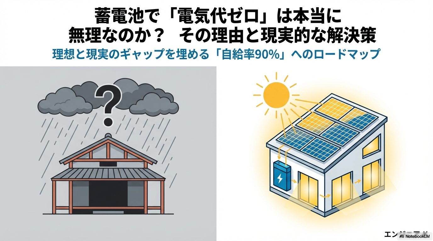 蓄電池で電気代ゼロは可能か、理想と現実のギャップを埋める自給率90パーセントへのロードマップ解説図