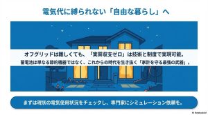 夜空の下で明かりが灯る、エネルギー自給自足を実現した住宅のイメージ図。電気代に縛られない自由な暮らしへの誘い
