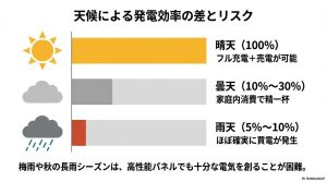 晴天、曇天、雨天それぞれの太陽光発電効率と蓄電池への影響を示すグラフ。雨天時は5パーセントから10パーセントに低下する
