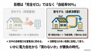 売電重視の旧モデルと自家消費型で自給率90パーセントを目指す新モデルのエネルギーフロー比較図