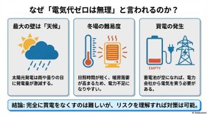 電気代ゼロが無理と言われる3つの理由:天候、冬場の難易度、蓄電池が空になった際の買電発生の解説