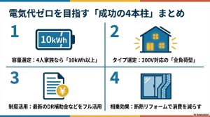 電気代ゼロを成功させる4本柱:容量選定、タイプ選定、制度活用、相乗効果のまとめアイコン図