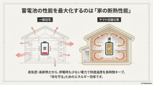 一般住宅とヤマト住建の家の断熱性能比較図。高気密・高断熱によって電力を逃さず効率的に使える仕組みを解説。