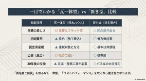 外観、費用、税金、災害、メンテナンスの5項目比較