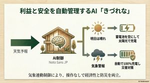 天気予報や気象警報に連動したAI制御の仕組み。
