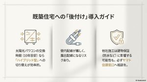 パワコン交換、壁内配線の難しさ、建物保証への影響など、後付け時の3つの重要ポイントを示すアイコン図解。 9. 【8.jpg】全負荷型の重要性