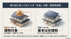 瓦一体型は課税対象、架台式は非課税の解説イラスト