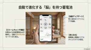 テスラのスマホアプリ画面。ストームウォッチ機能や発電量・残量の見える化、自動アップデート機能の紹介。