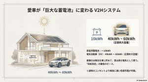 太陽光パネル搭載の家と電気自動車（EV）を繋ぐV2Hシステムの図解。昼に貯めた電気を夜に家で使うサイクル。