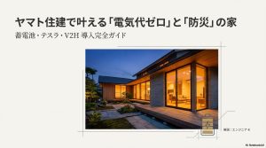 ヤマト住建の蓄電池・テスラ・V2H導入完全ガイドのタイトルスライド。夜のおしゃれな住宅外観と電池のアイコン
