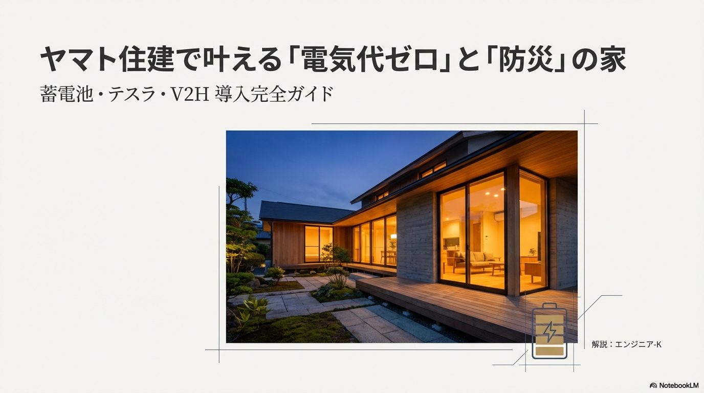 ヤマト住建の蓄電池・テスラ・V2H導入完全ガイドのタイトルスライド。夜のおしゃれな住宅外観と電池のアイコン