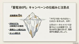 「蓄電池0円」キャンペーンの裏側を氷山に例えた図解。初期費用0円の影にあるPPAモデルや長期ローン、セット値引きの注意点を解説。