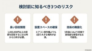 蓄電池導入における長い回収期間、設置スペースの確保、技術の陳腐化という3つのリスク解説。