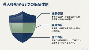フィットファウンダー蓄電池の導入後を守る、機器保証、容量保証、施工保証の3つの体系図。